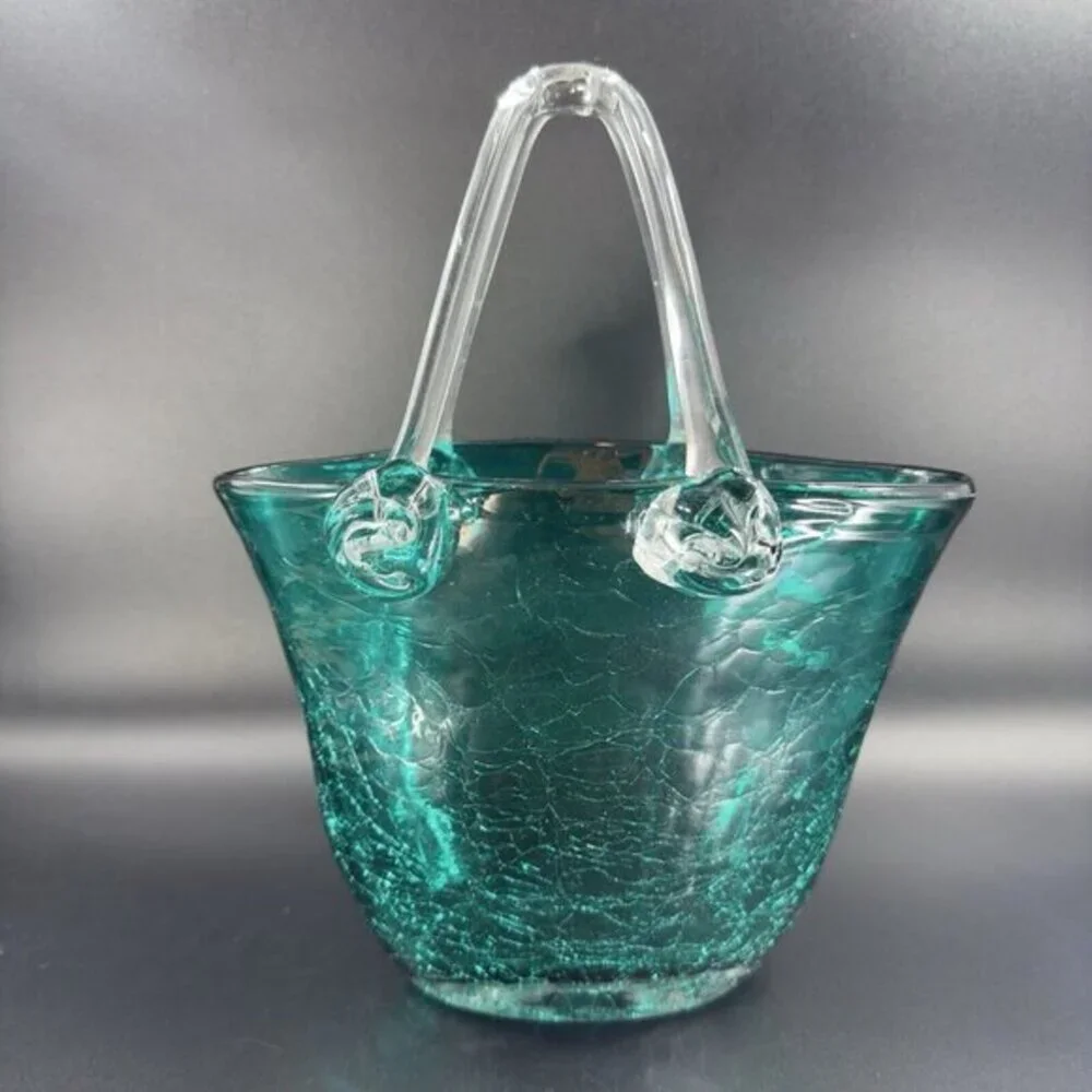 Hand Blown Green Crackle Glass Purse Shape Vase Glassware Decor‎ Clear Handles